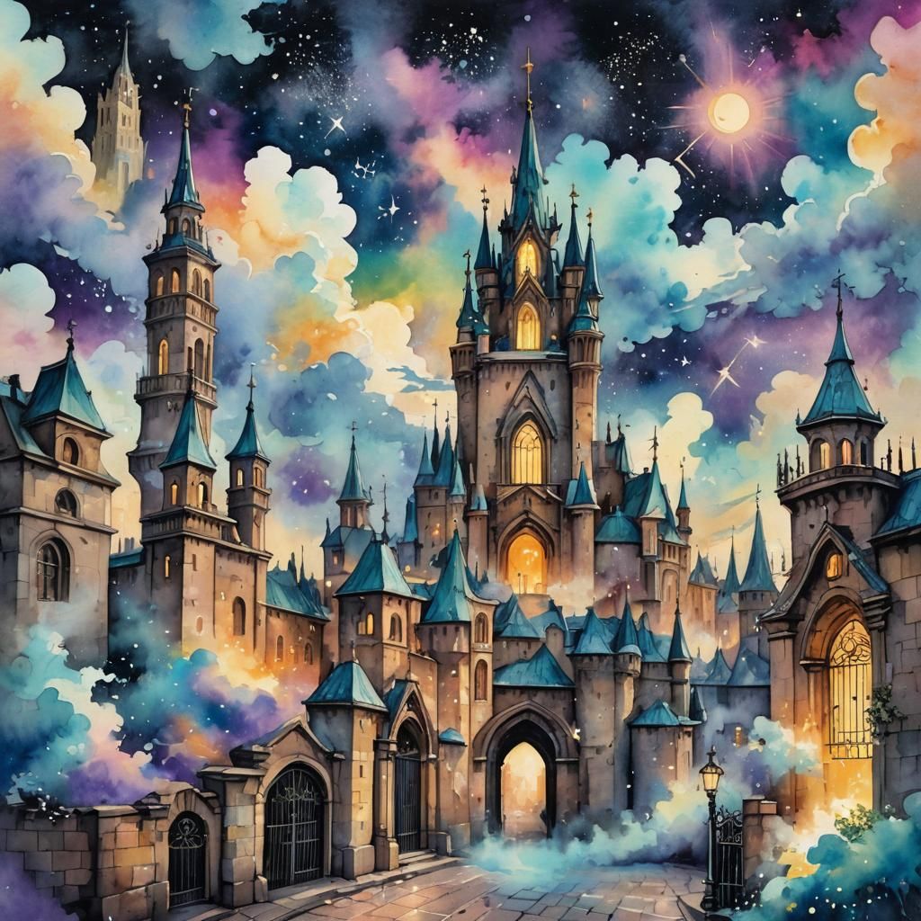 Heavenly City in Clouds: Watercolor Graffiti Art