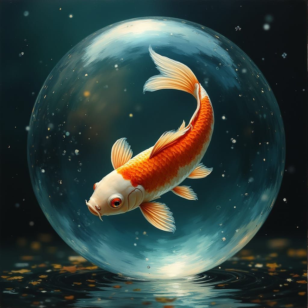 Angelic Koi Fish in Glass Eye Surrealist Oil Painting