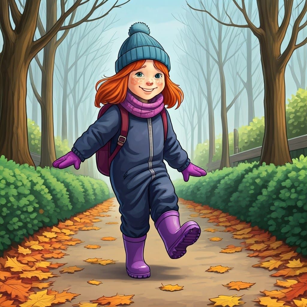 Girl with Backpack Kicking Autumn Leaves