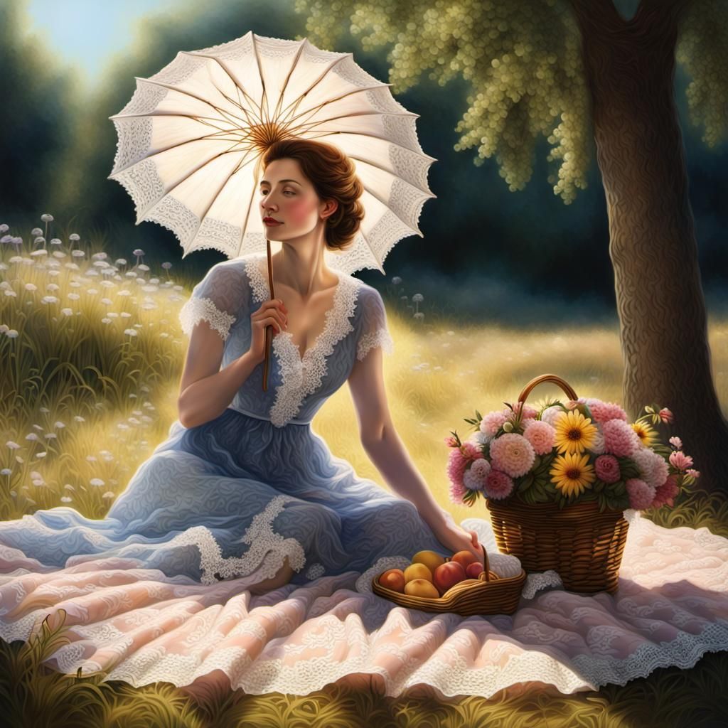 Woman's Sunny Picnic Under Parasol, Hyperrealistic