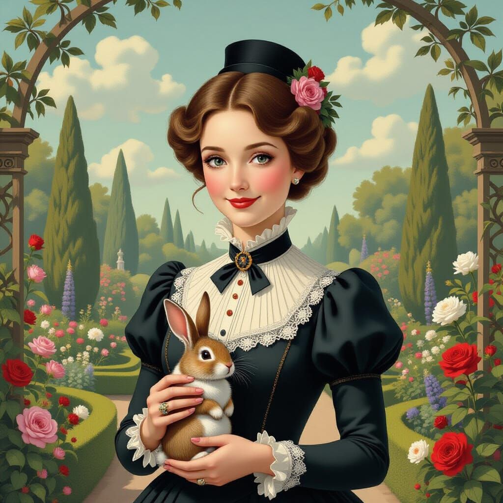 Surreal Victorian Woman in Dream Garden, in Surrealist Style