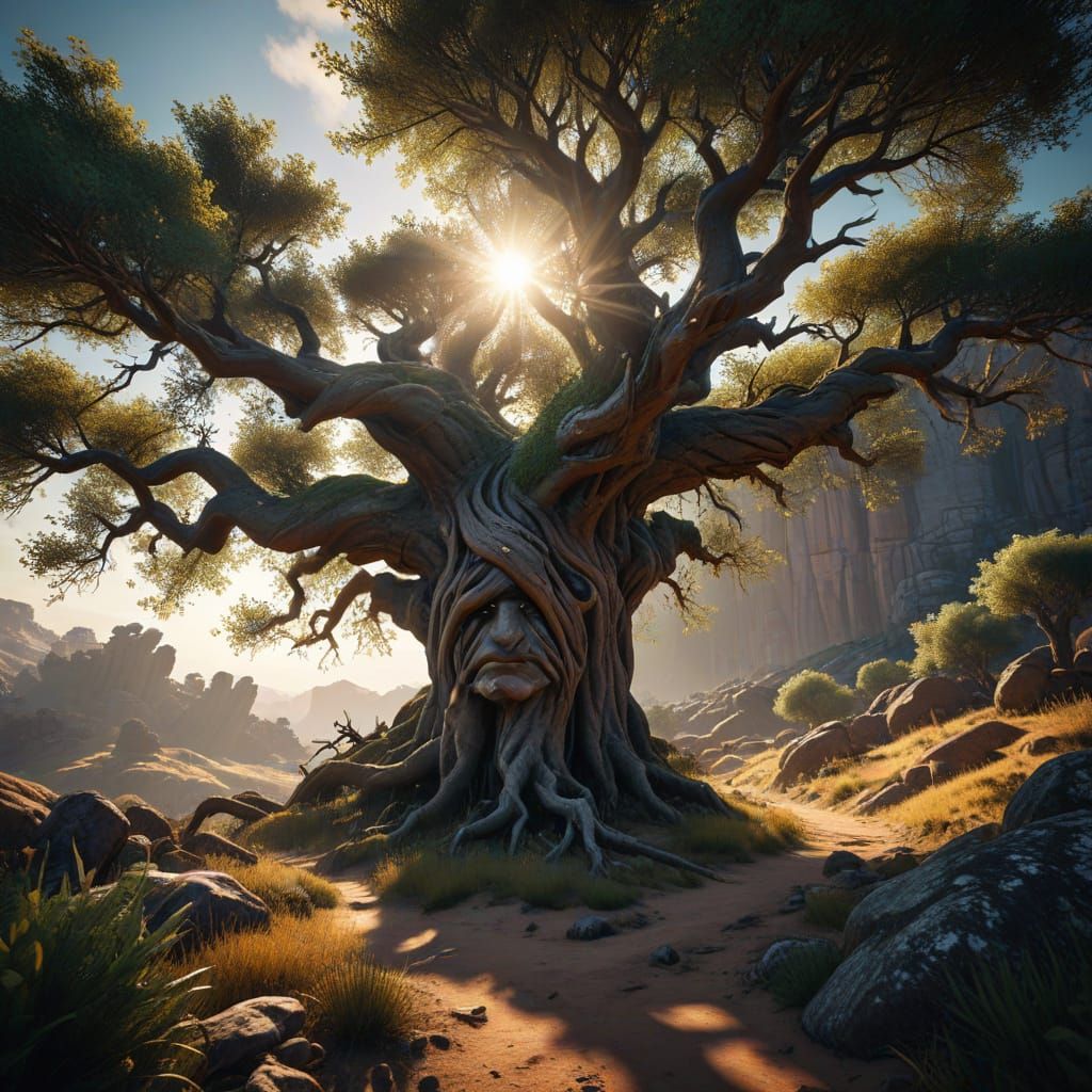 Ancient Dryad Face Landscape in Hyper-Realistic 3D