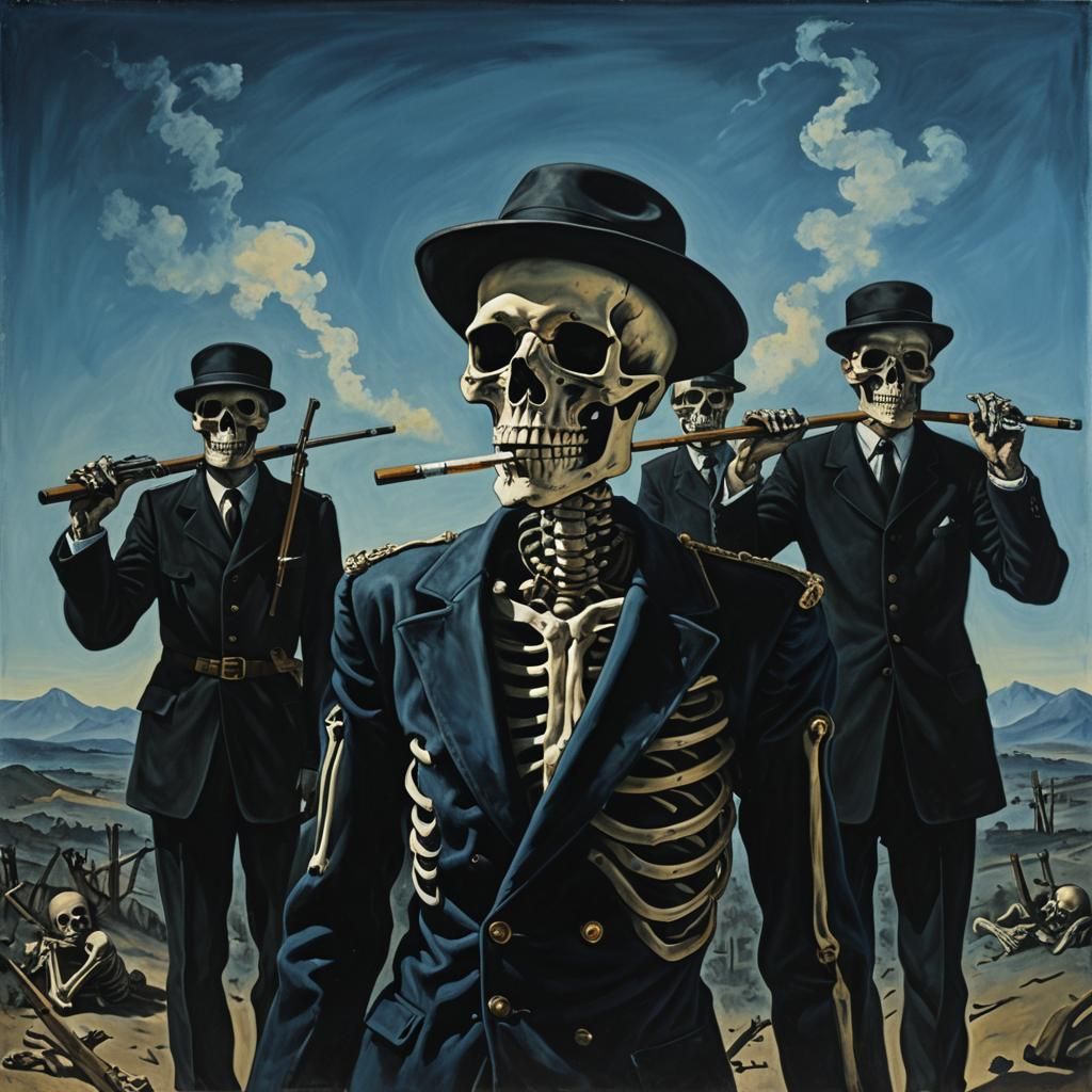 Surrealist Skeleton Facing Firing Squad in Oil Painting