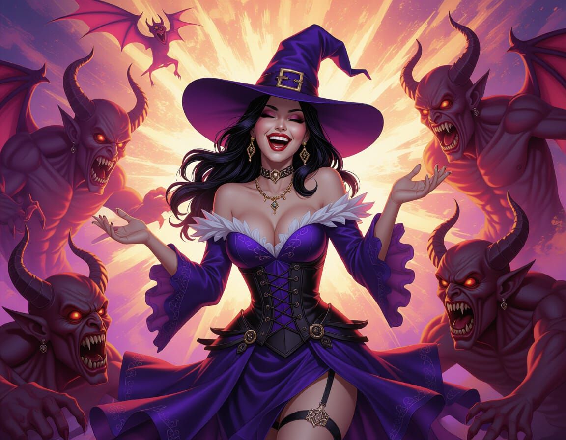 Seductive Sorceress Confronts Grotesque Demons in Hyperreali...