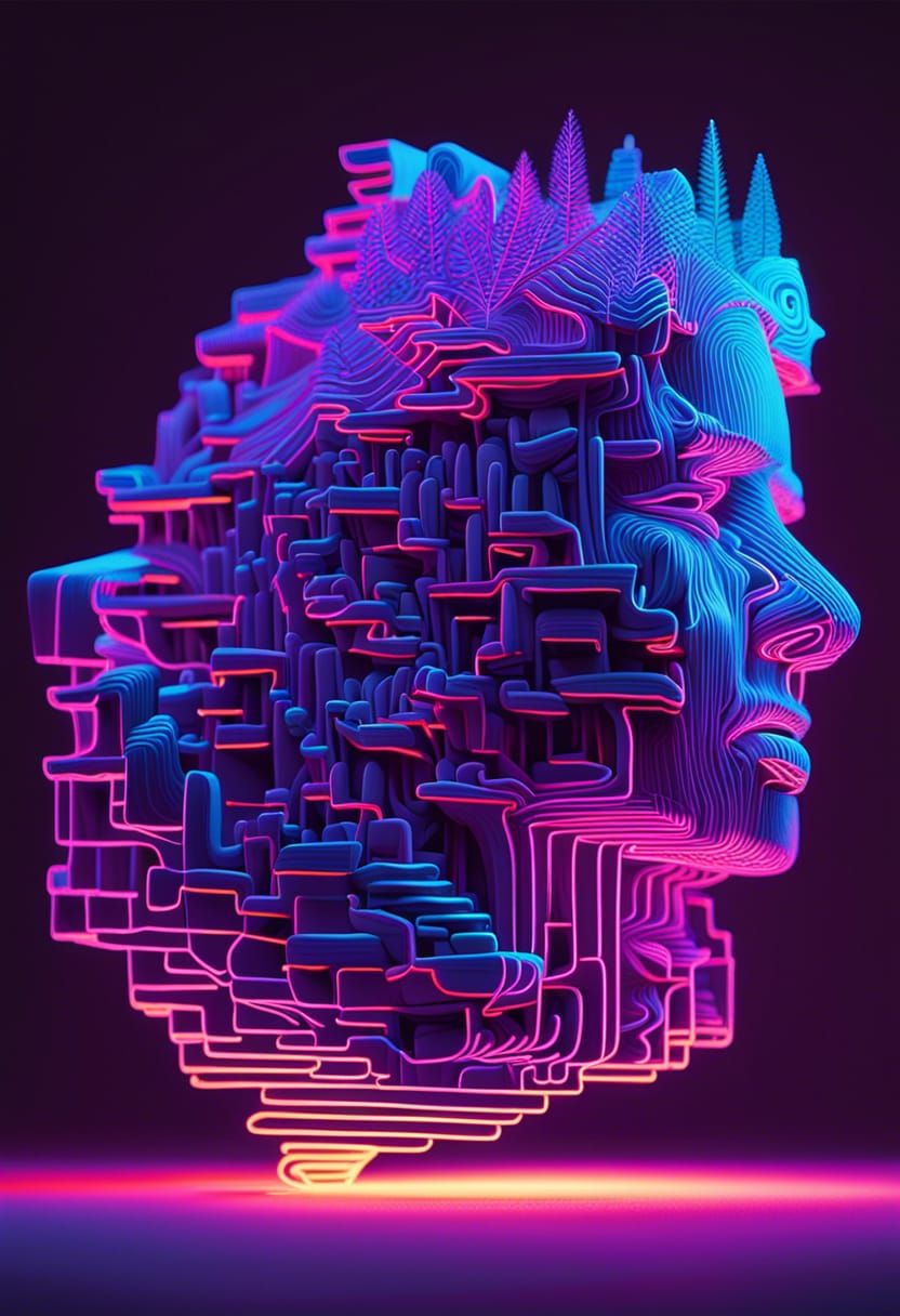 Complex 3D Labyrinth with Neon Scribbles