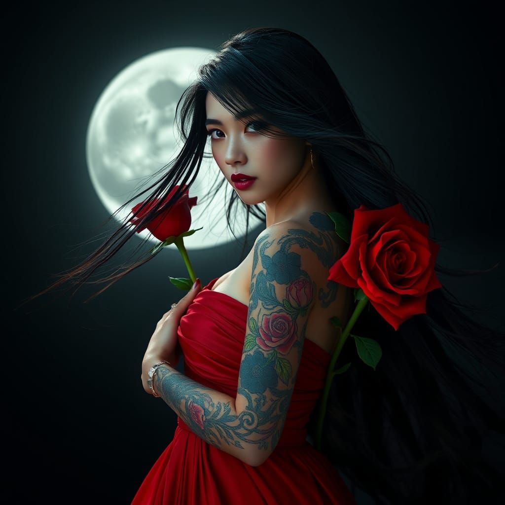Ethereal Asian Woman in Red Gown Under Moonlight