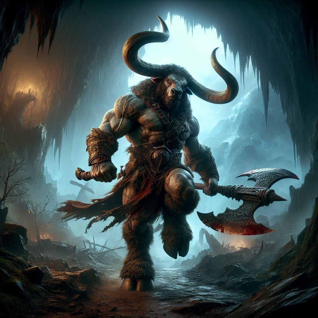 Powerful Minotaur in Gloomy Cave, Fantasy Concept Art
