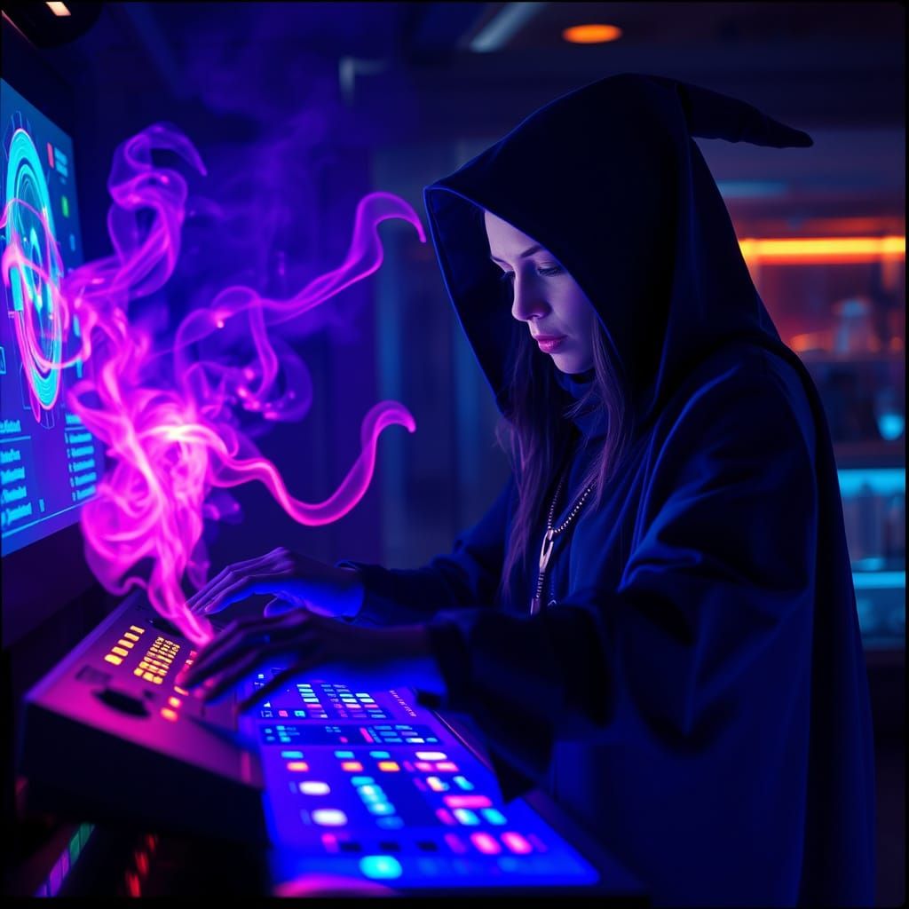 Modern Witch Brews Luminous Potions with Futuristic Tech