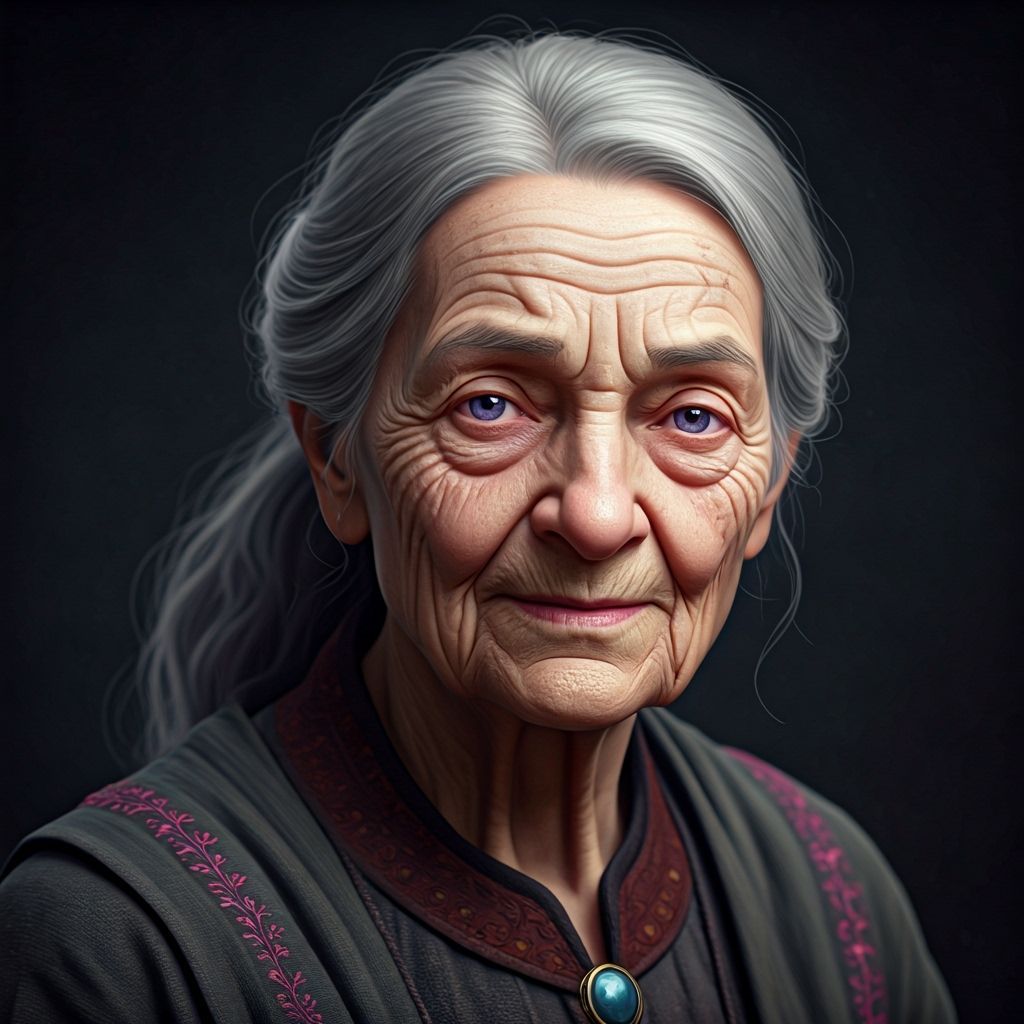 Elderly Woman with Violet Eyes and Wise Expression