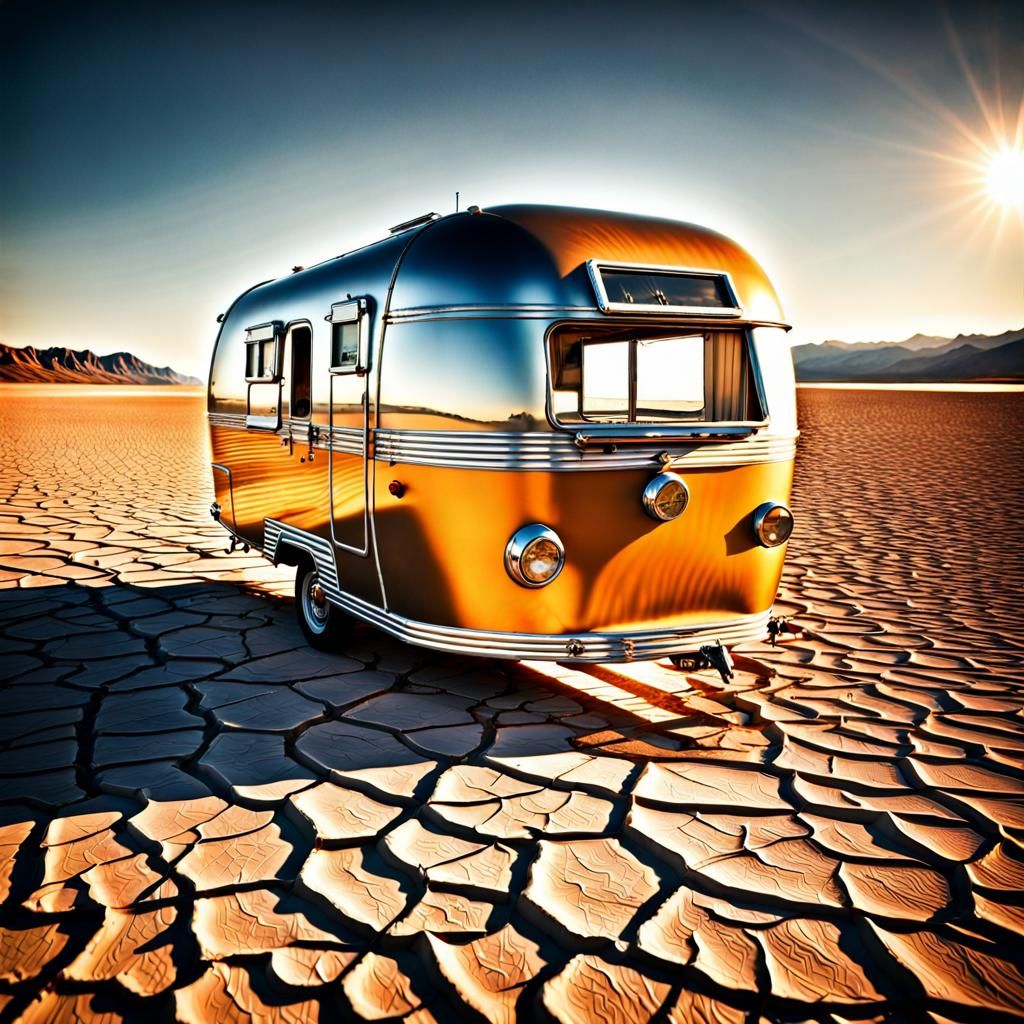 Retro Caravan Reflects Sun on Salt Lake