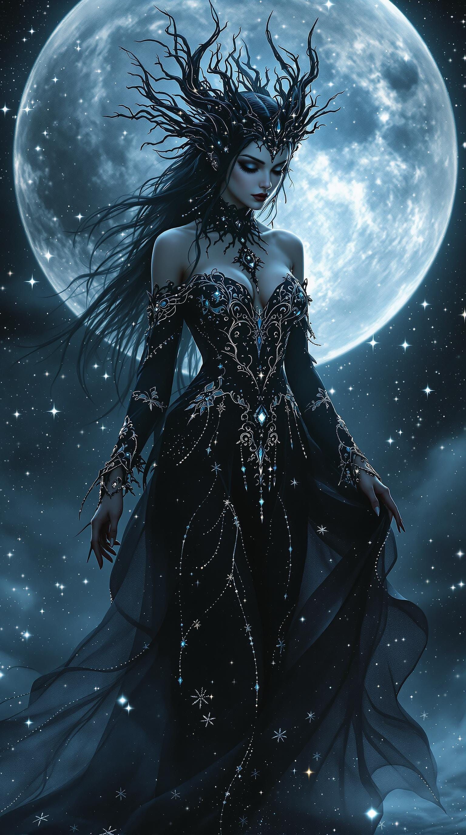 Mysterious Dark Fantasy Lady in Enchanting Moonlit Attire