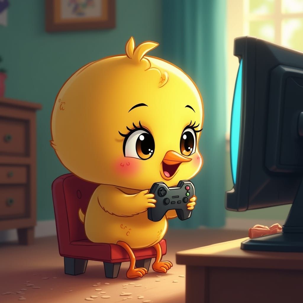 Baby Chick Bbokari Plays Video Game in Cartoon Style