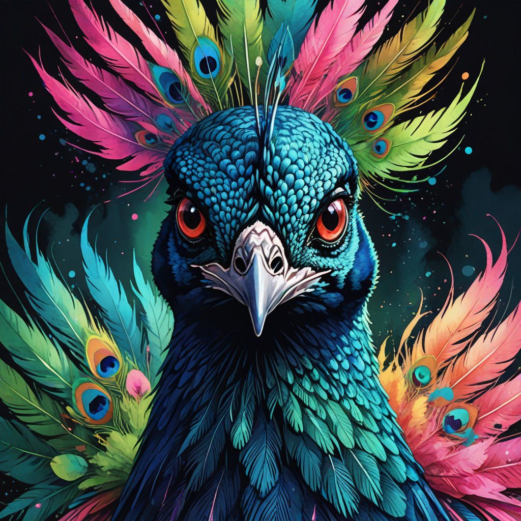 Vibrant Neon Peacock with Shimmering Iridescent Feathers