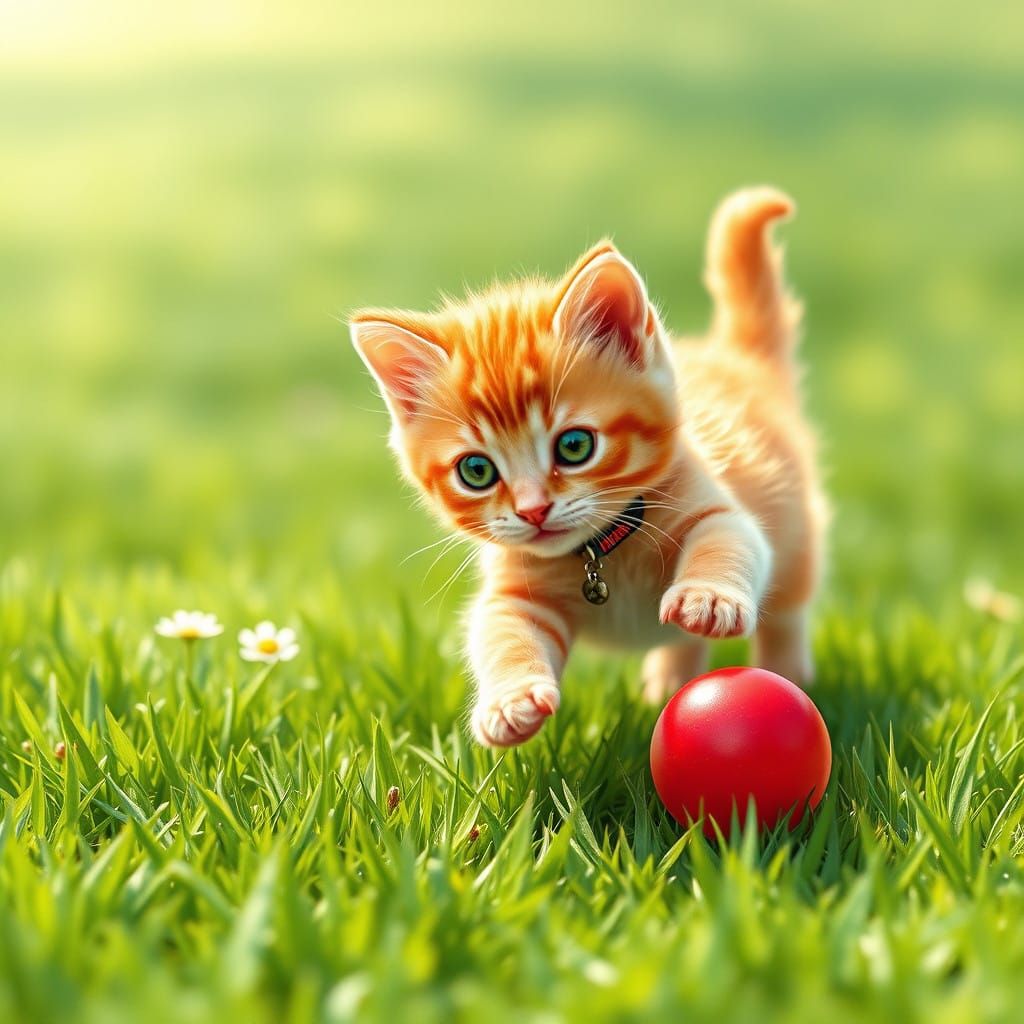 Adorable Orange Kitten Chasing Red Ball in Whimsical Garden