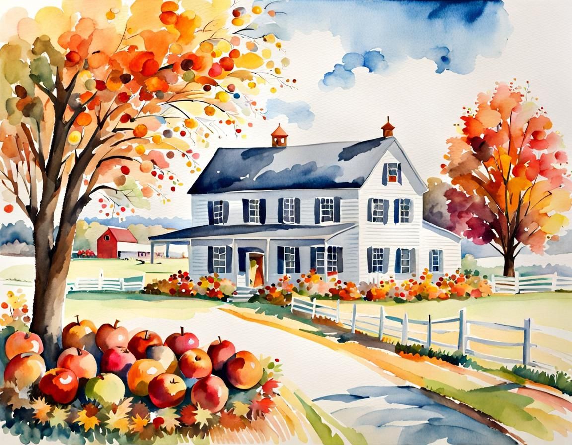 Autumnal Farmhouse Harvest in Watercolor Style