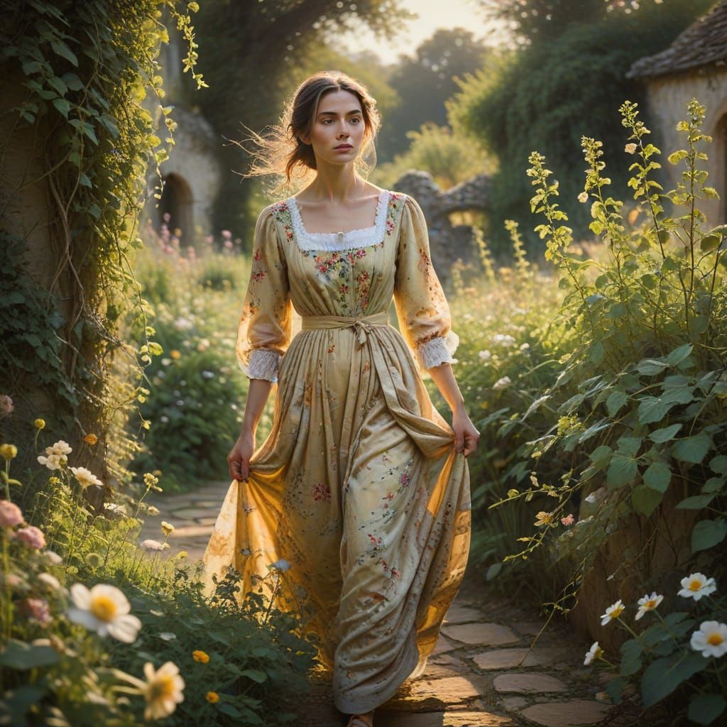 Woman in Garden: A Romanticist Oil Painting