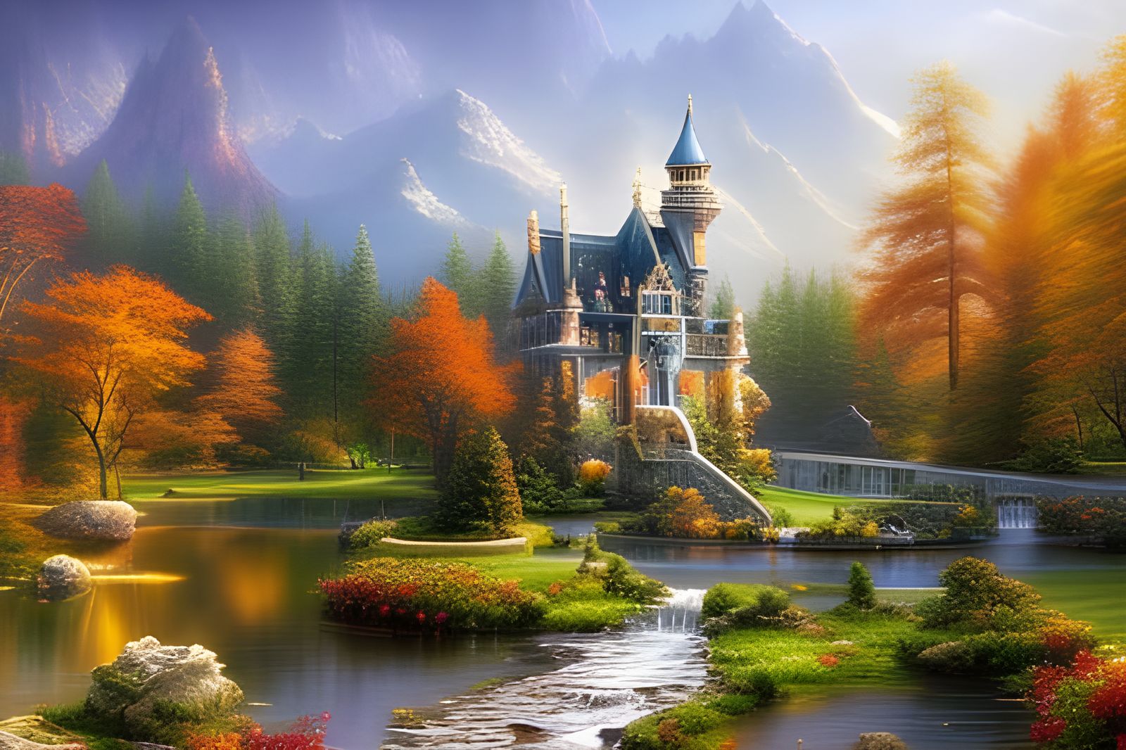 Beautiful white marble castle in peaceful forest by lake with waterfalls by artgerm, james christensen, thomas kincade