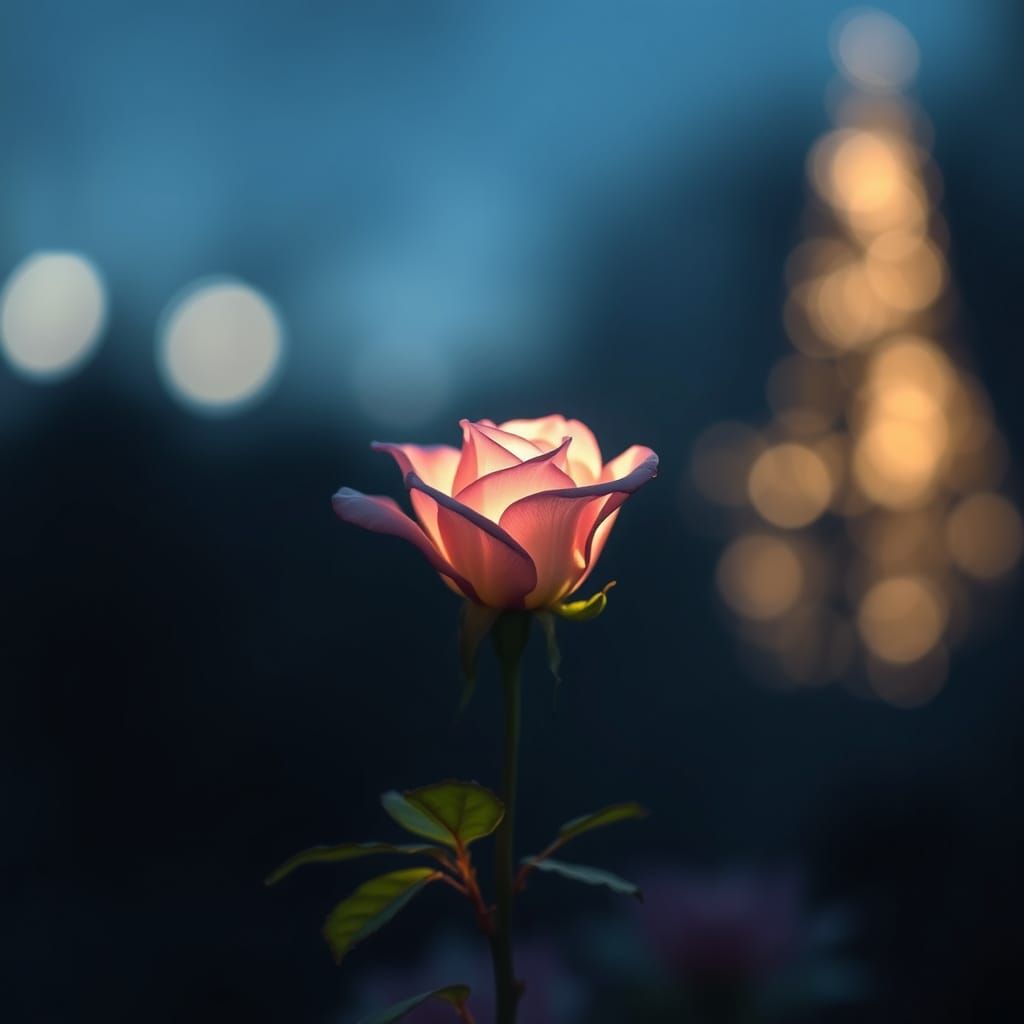 Luminous Rose in Night Scene with Dreamy Lighting