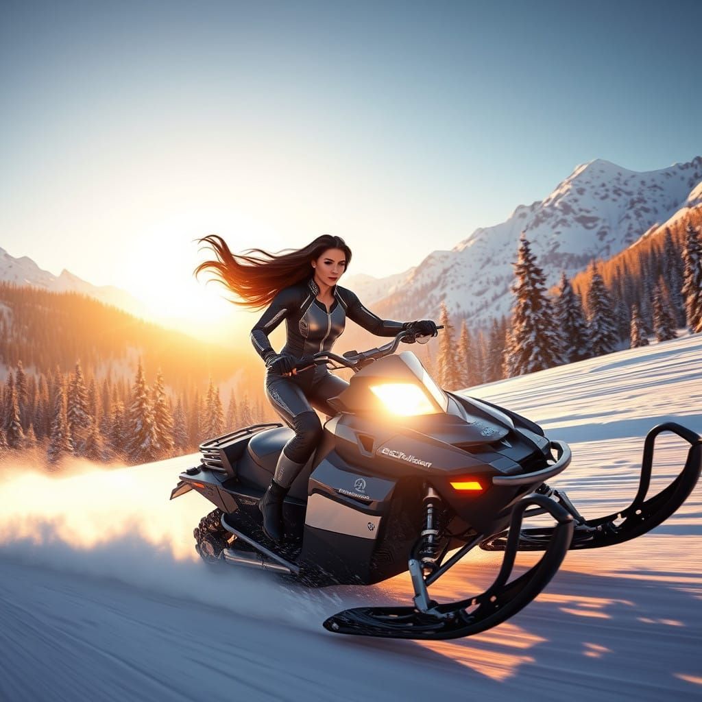Sleek Snowmobile Rider Speeds Along Icy Trail in Fantasy Lan...