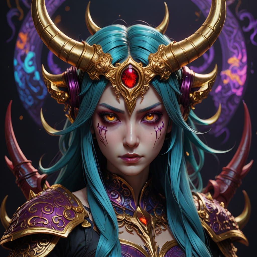 Demonic Hatsune Miku Portrait in Cyberpunk Art Nouveau Style