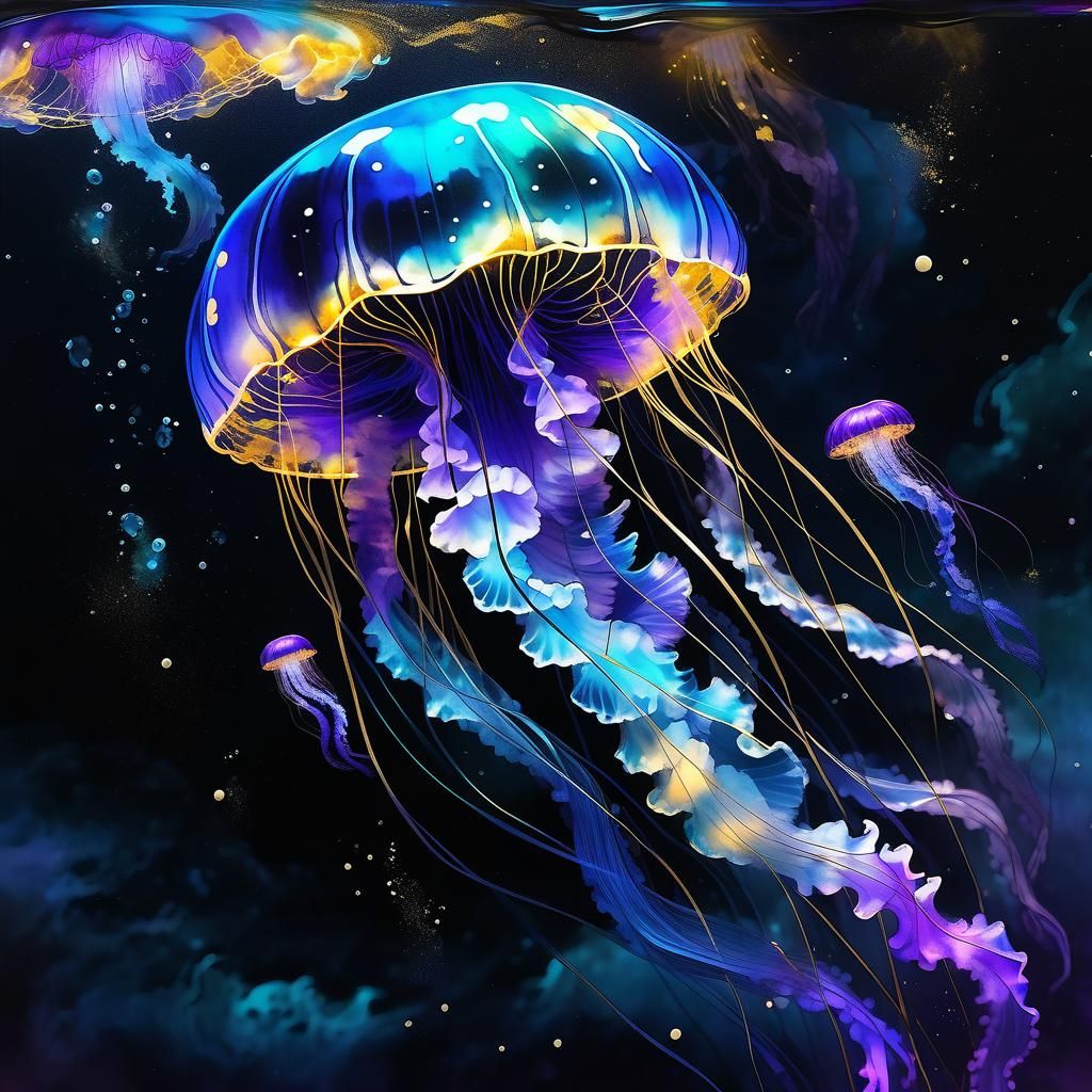 Bioluminescent Jellyfish in Dark Ocean, Alcohol Ink Style