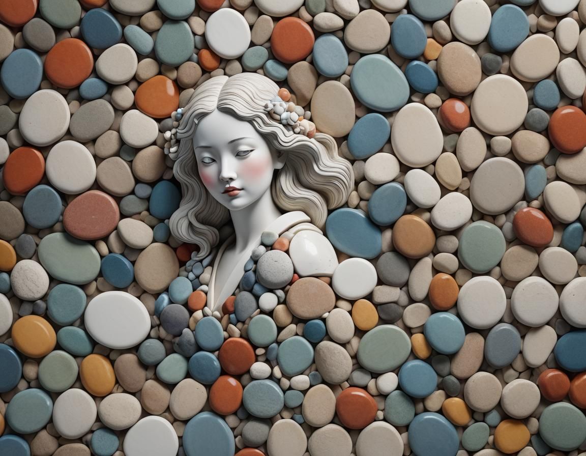 Porcelain Woman Sculpture with River Stone Wall
