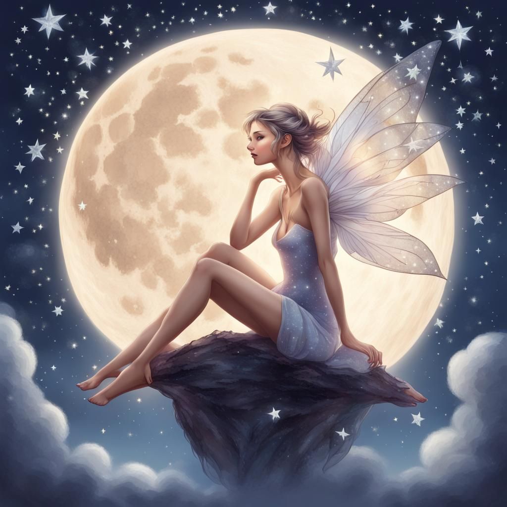Fairy on the Moon Surrounded by Stars