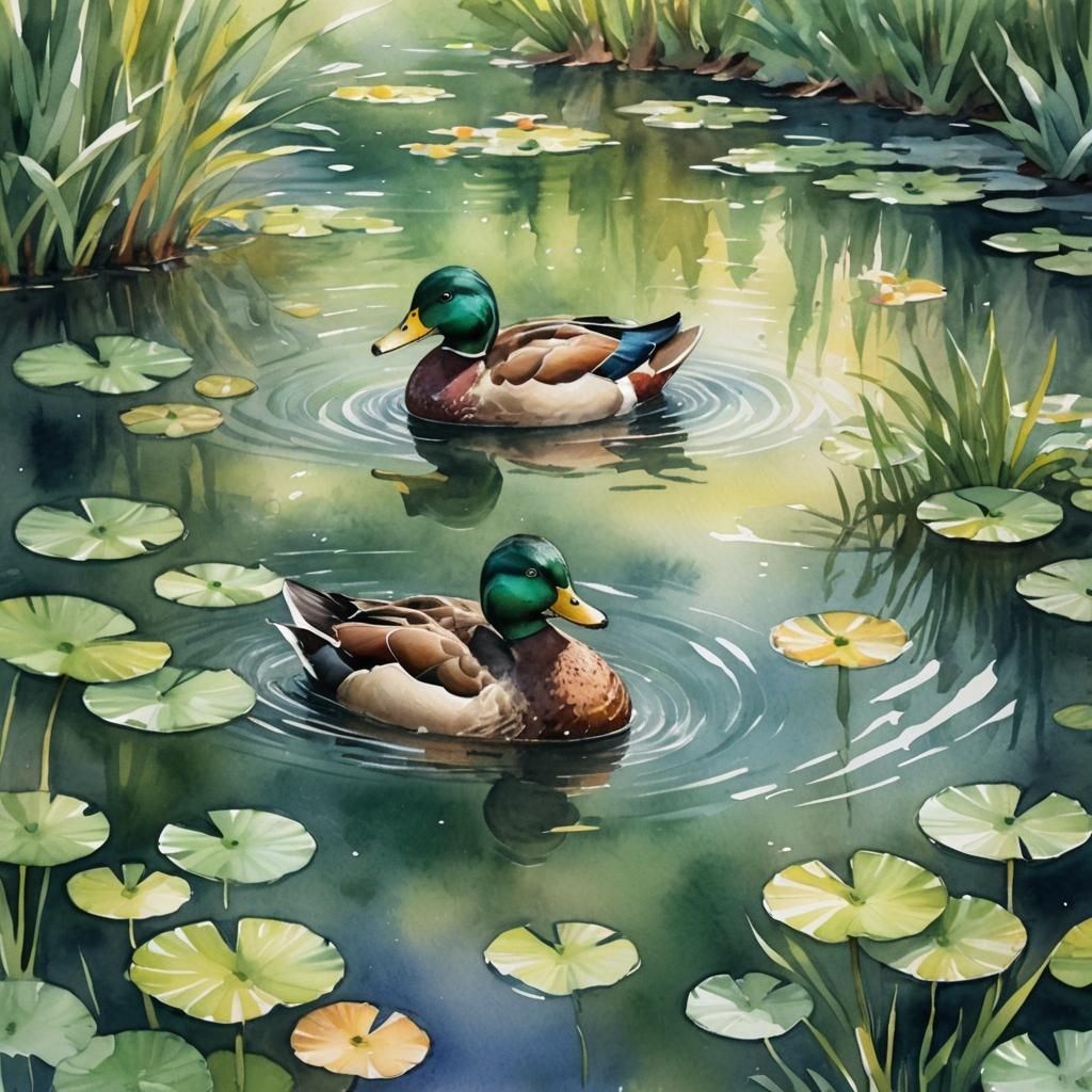 Watercolor Duck Swimming in Serene Pond