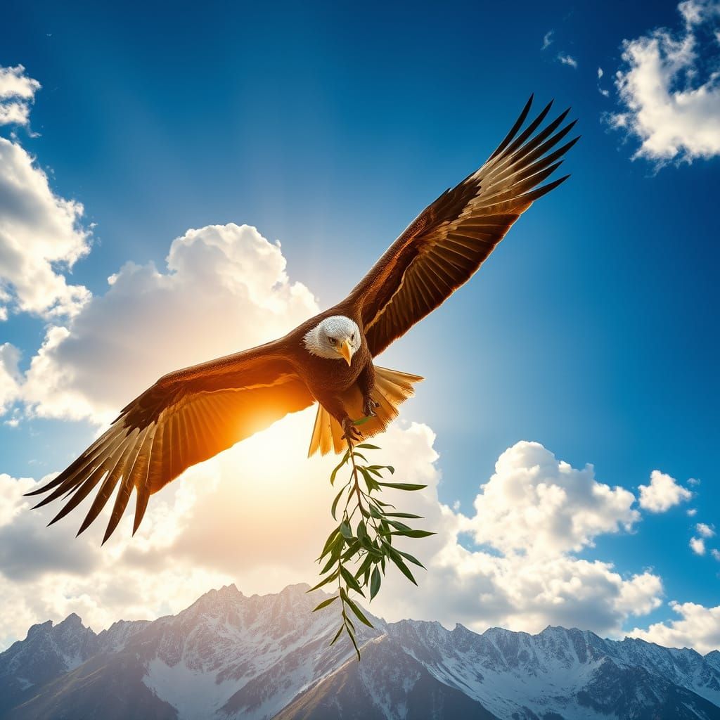 Eagle Drops Olive Branch in Golden Sunlight