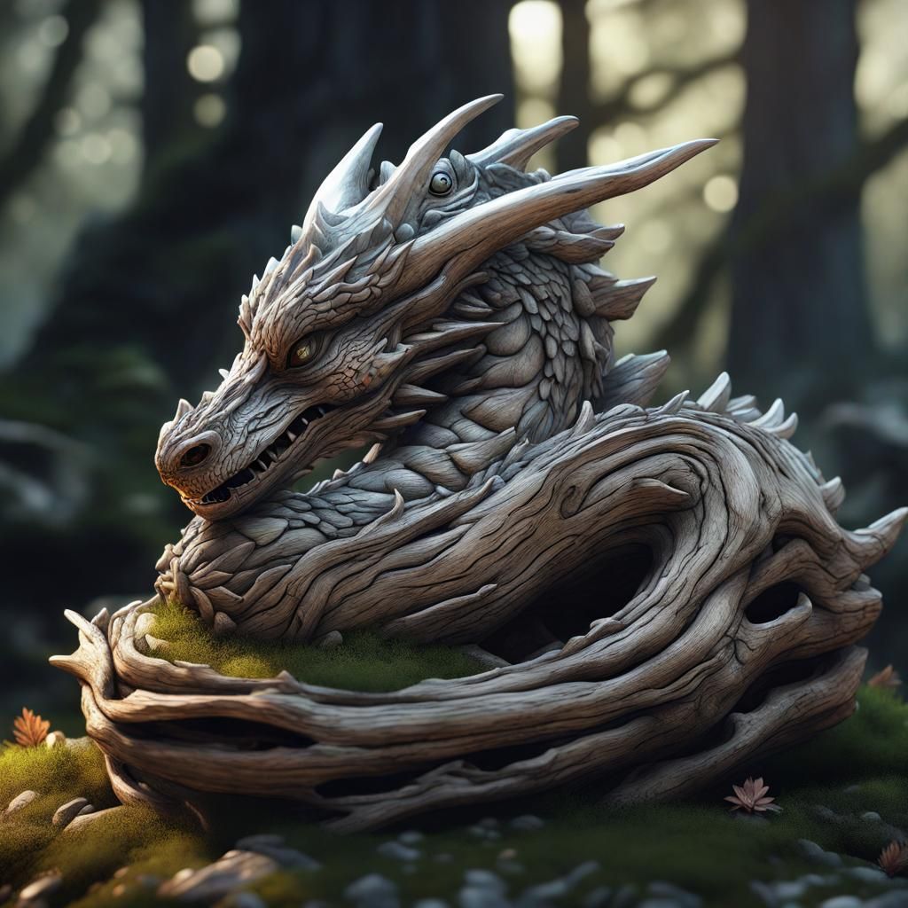 A sleeping curled-up dragon made out of old silvered driftwood.