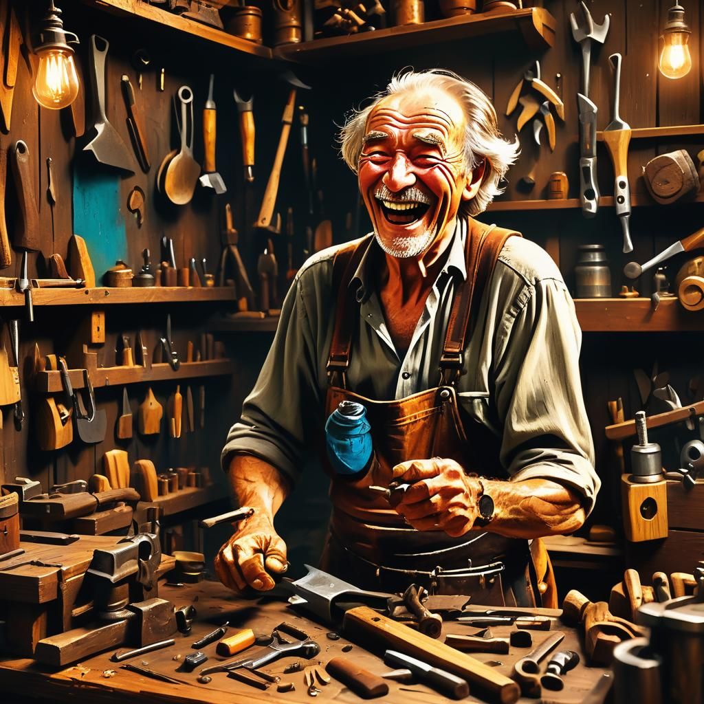 Laughing Craftsman in Workshop: Hyperrealistic Concept Art