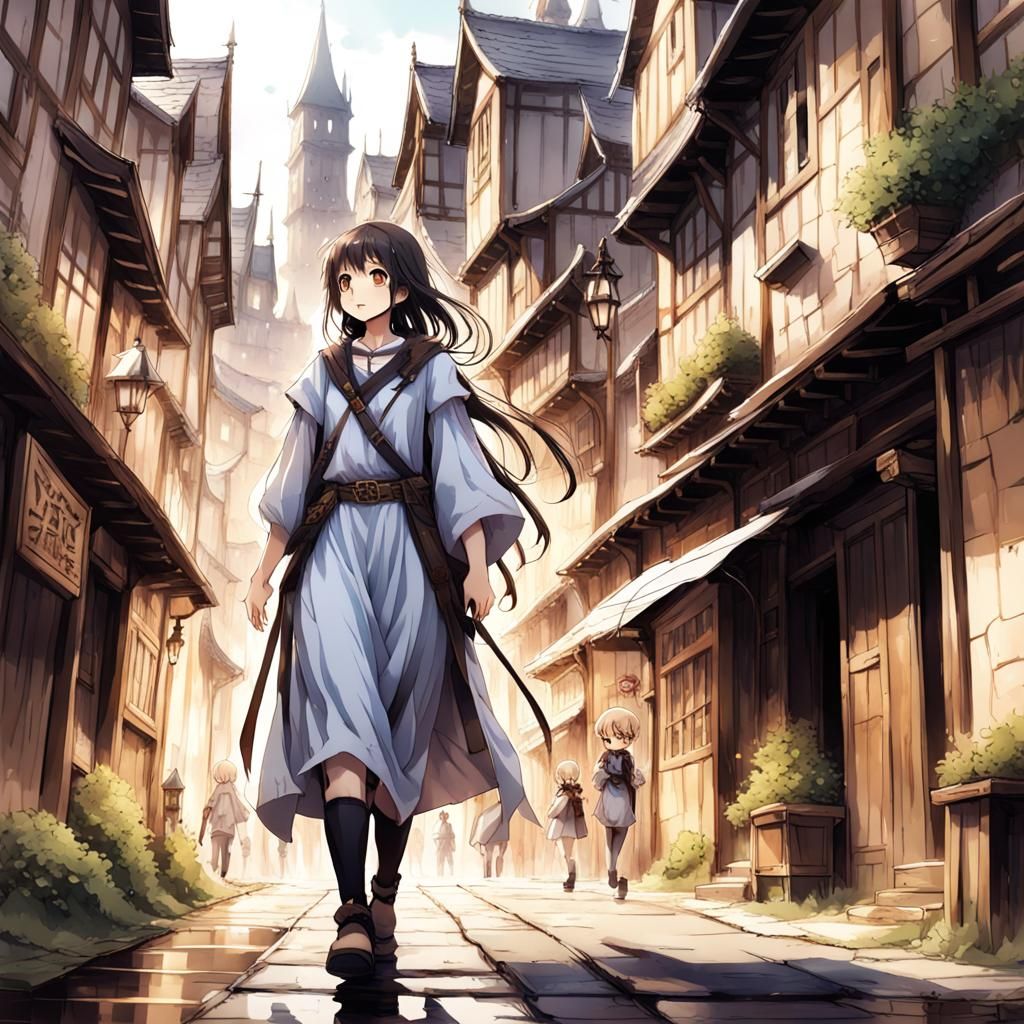 Anime Girl in Medieval City, Manga Style