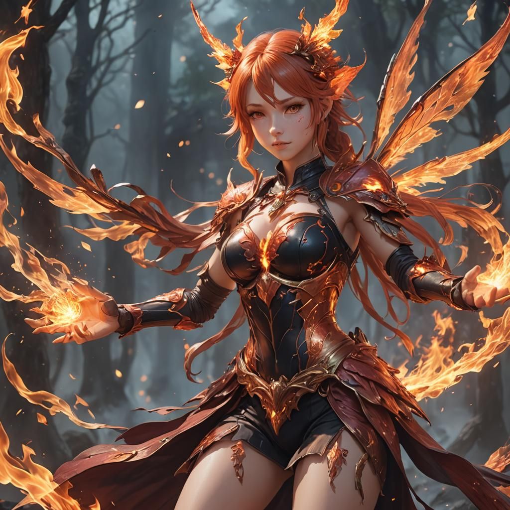 Female Fire Fairy Anime Art in 8k
