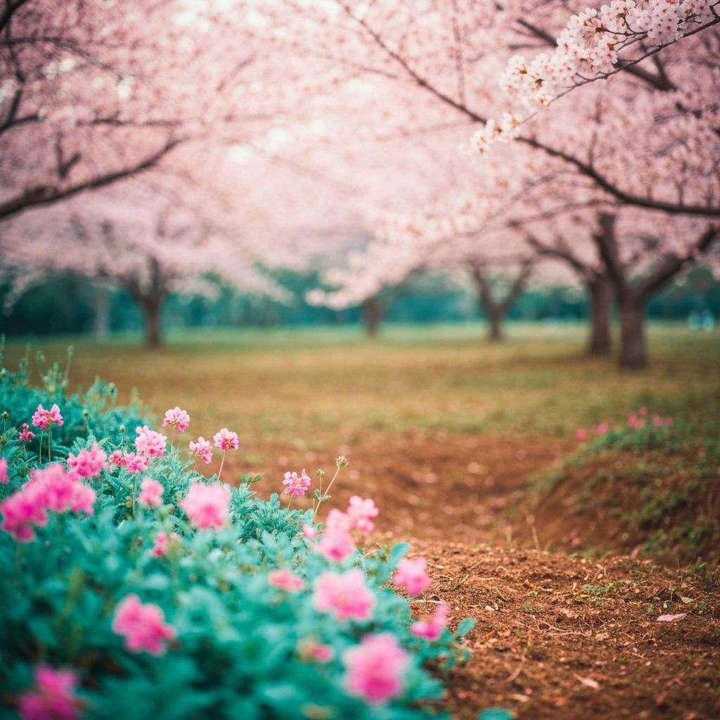 Dreamy Japanese Landscape with Cherry Blossoms and Wildflowe...