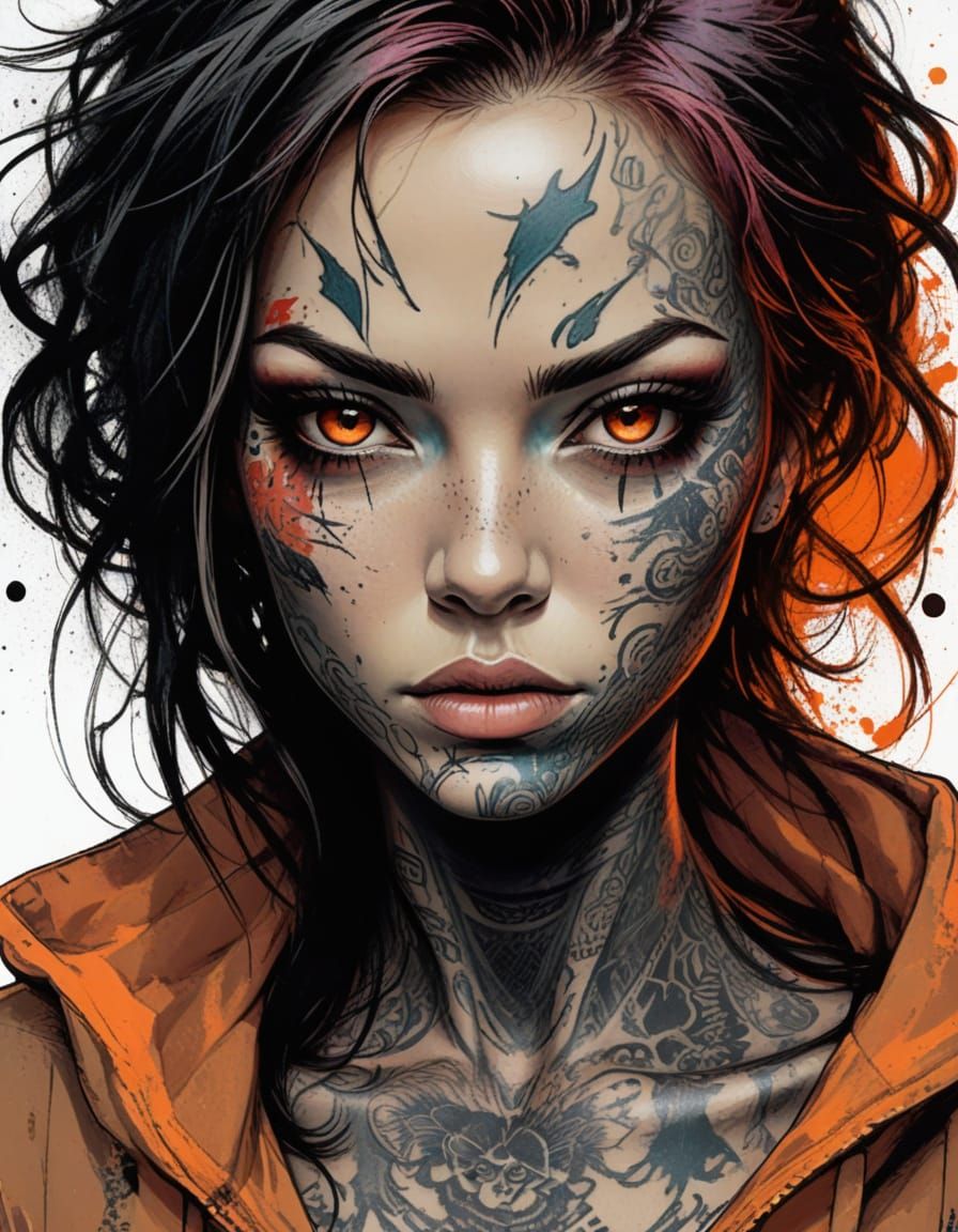 A Mysterious Woman with Dark Street Art Tattoos