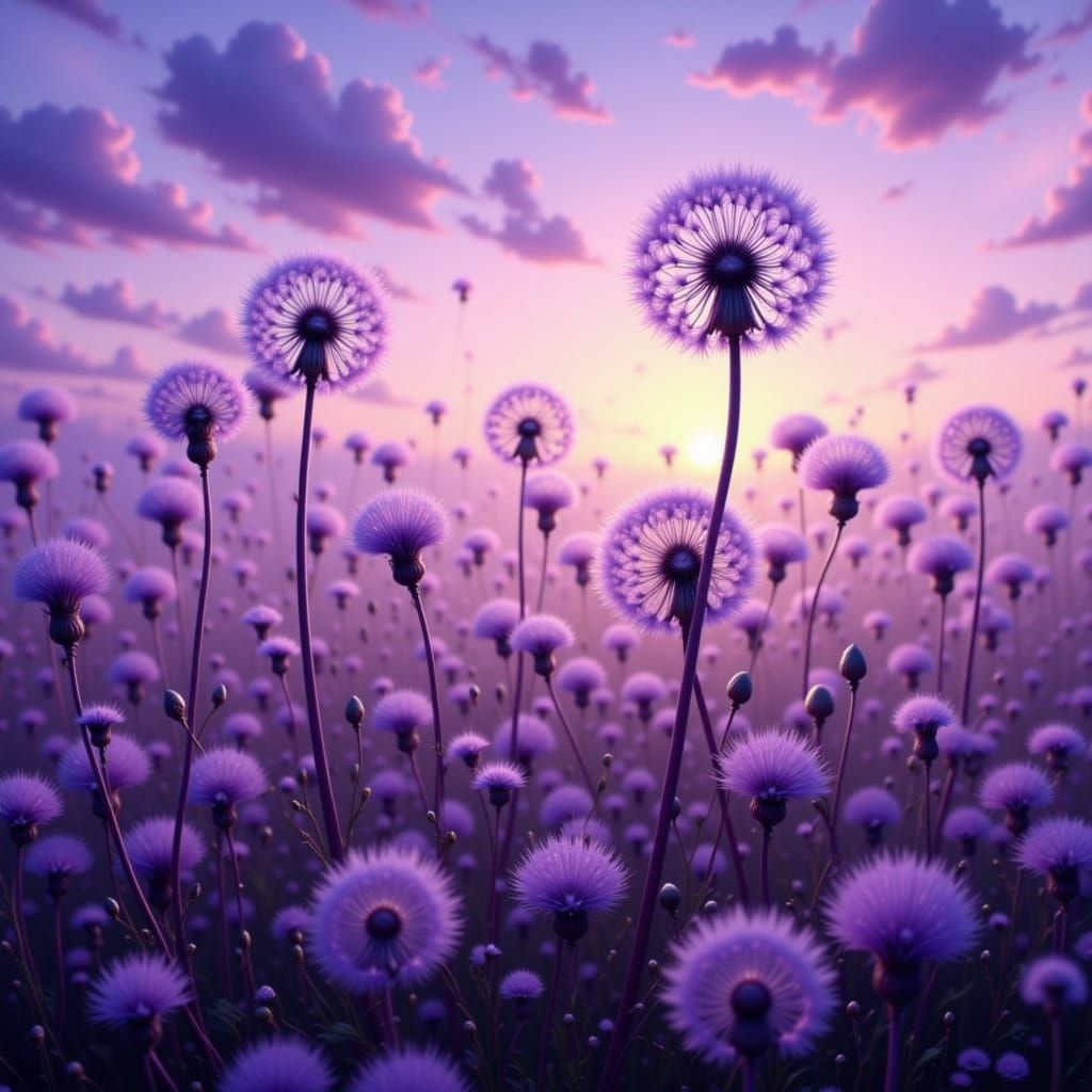 Glowing Dandelion Seeds in a Magical Twilight Field