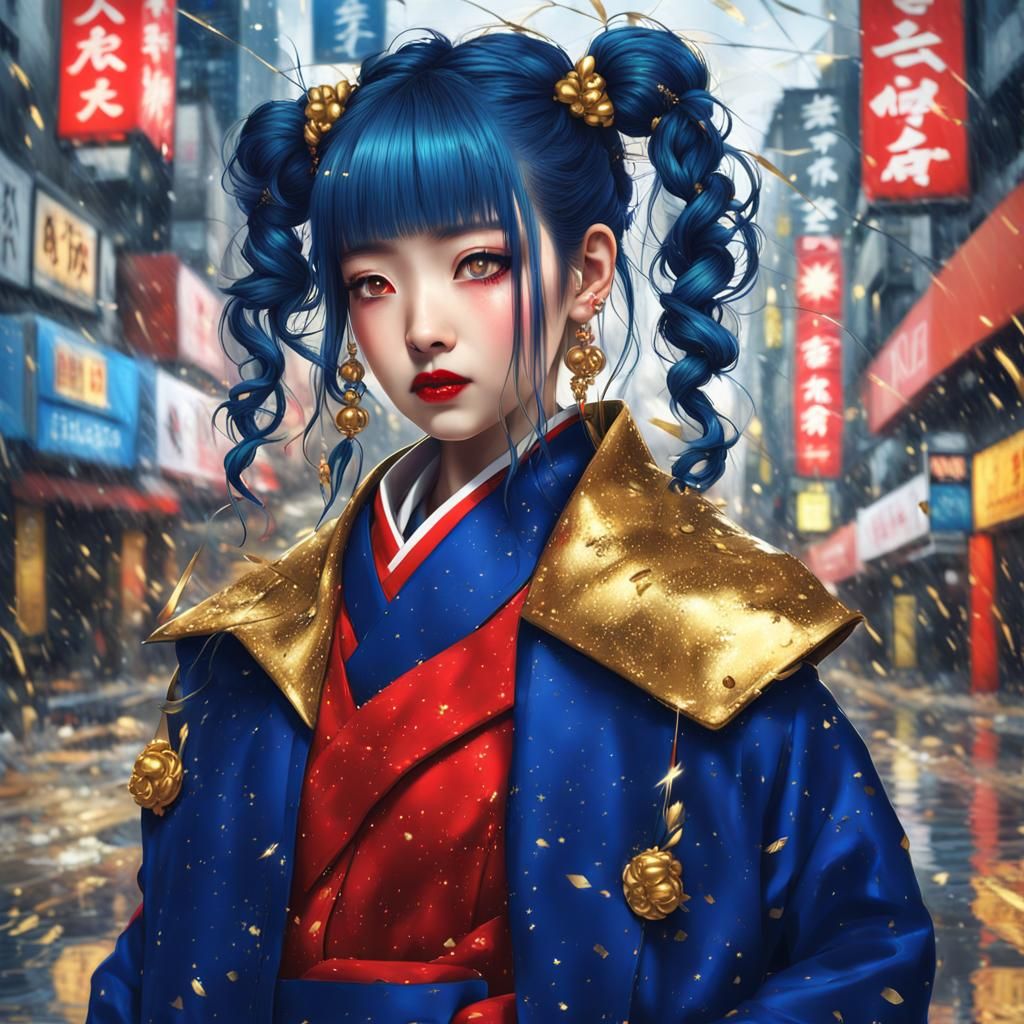 Blue-Haired Woman with Golden Glitch Background