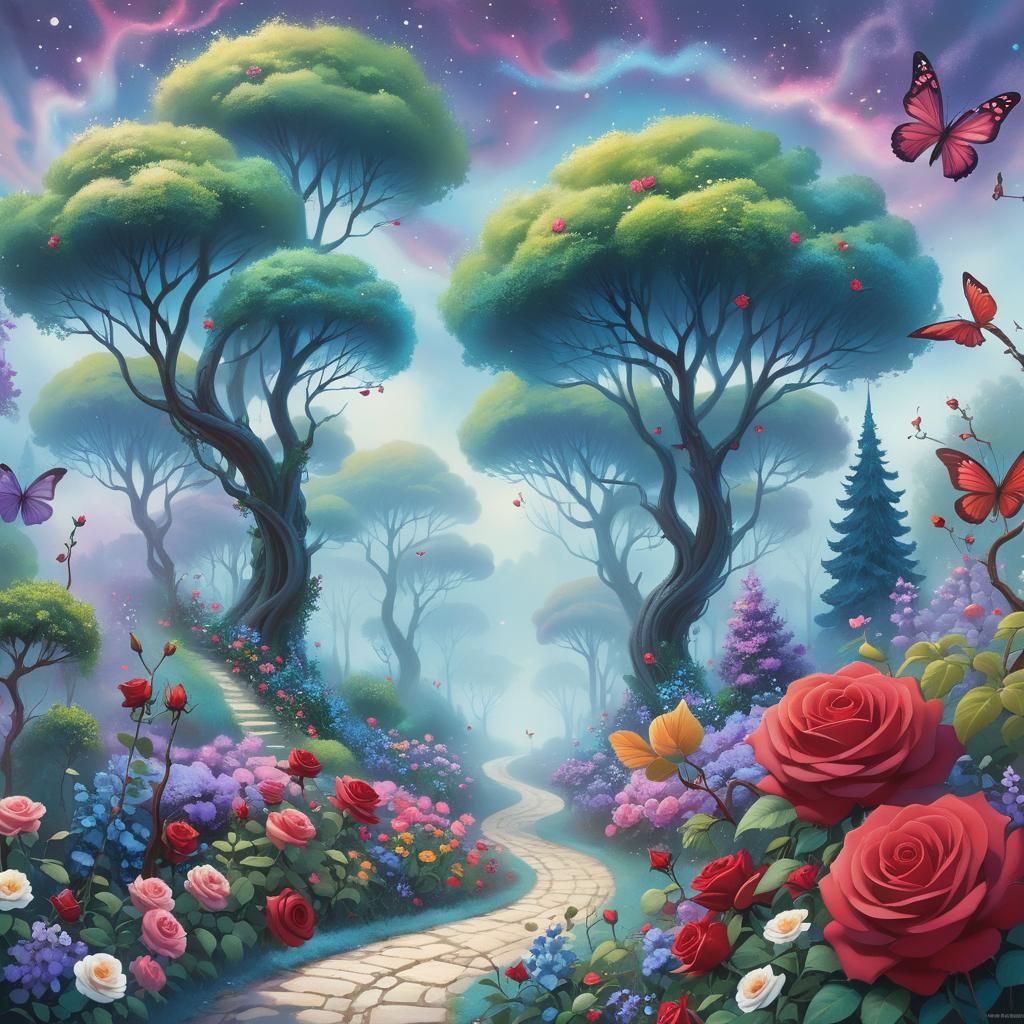 Mystical Garden Pathway in a Surreal Oil Painting