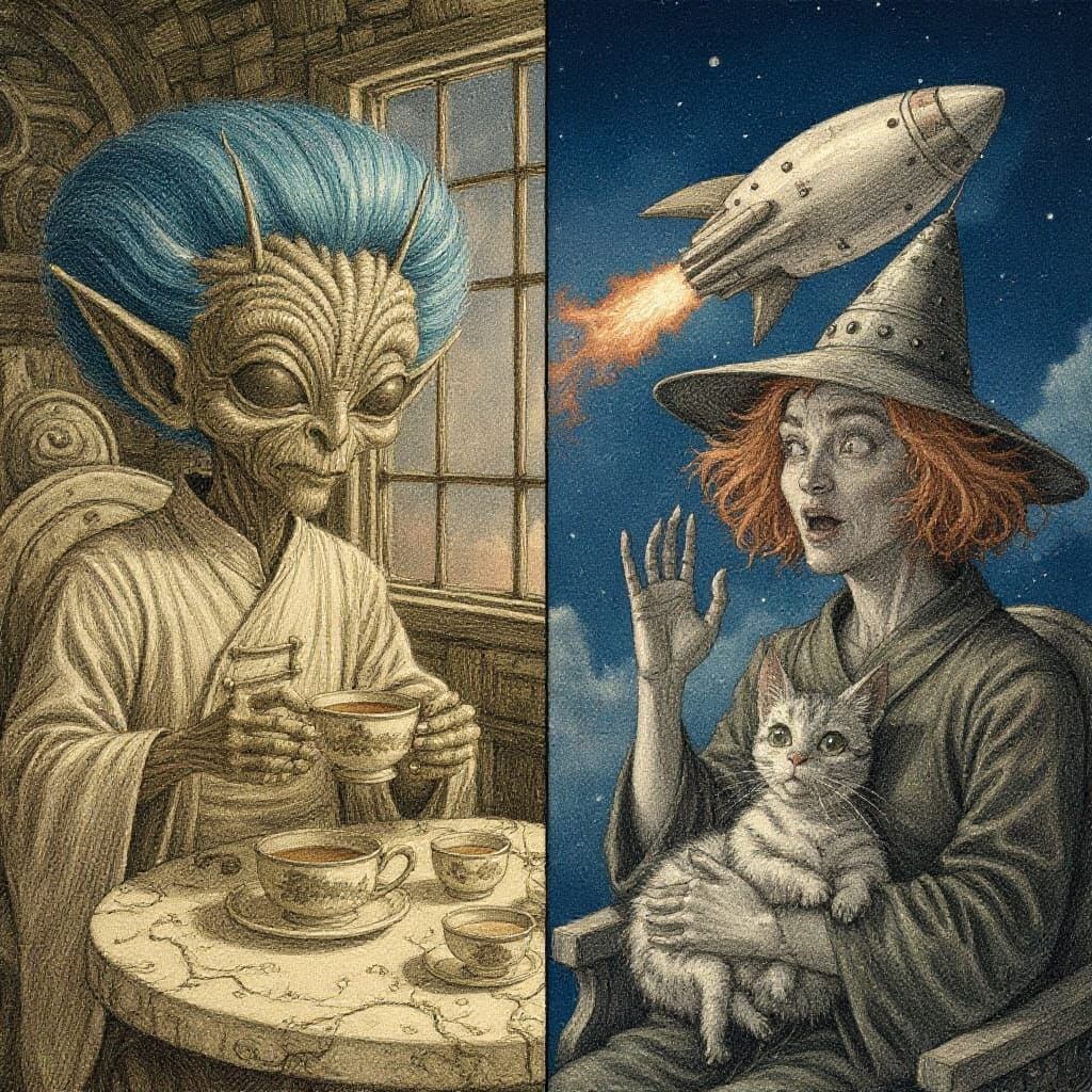 Alien Tea Ceremony in Rocket, Egon Schiele Style