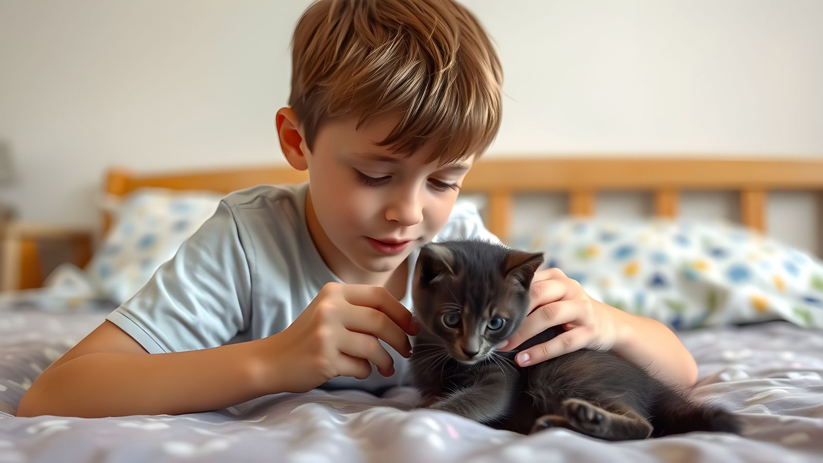 Boy Plays with Kitten on Bed