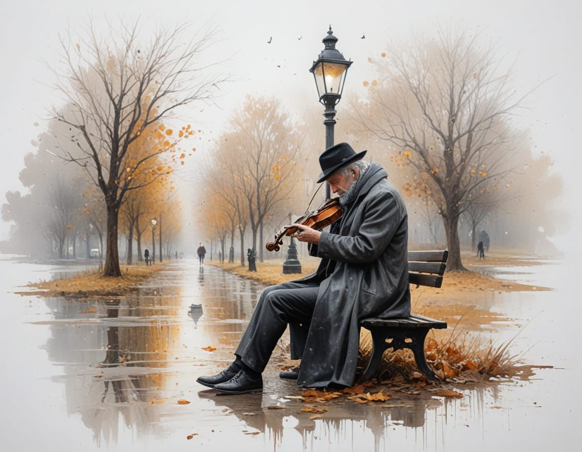 Man Plays Violin Under Streetlamp, Dog Listens
