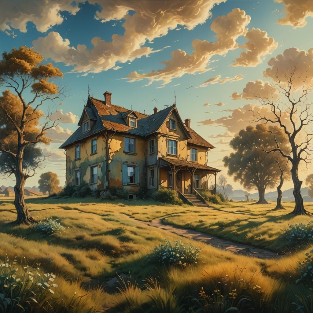 Surrealist House in Meadow with Dreamlike Forms