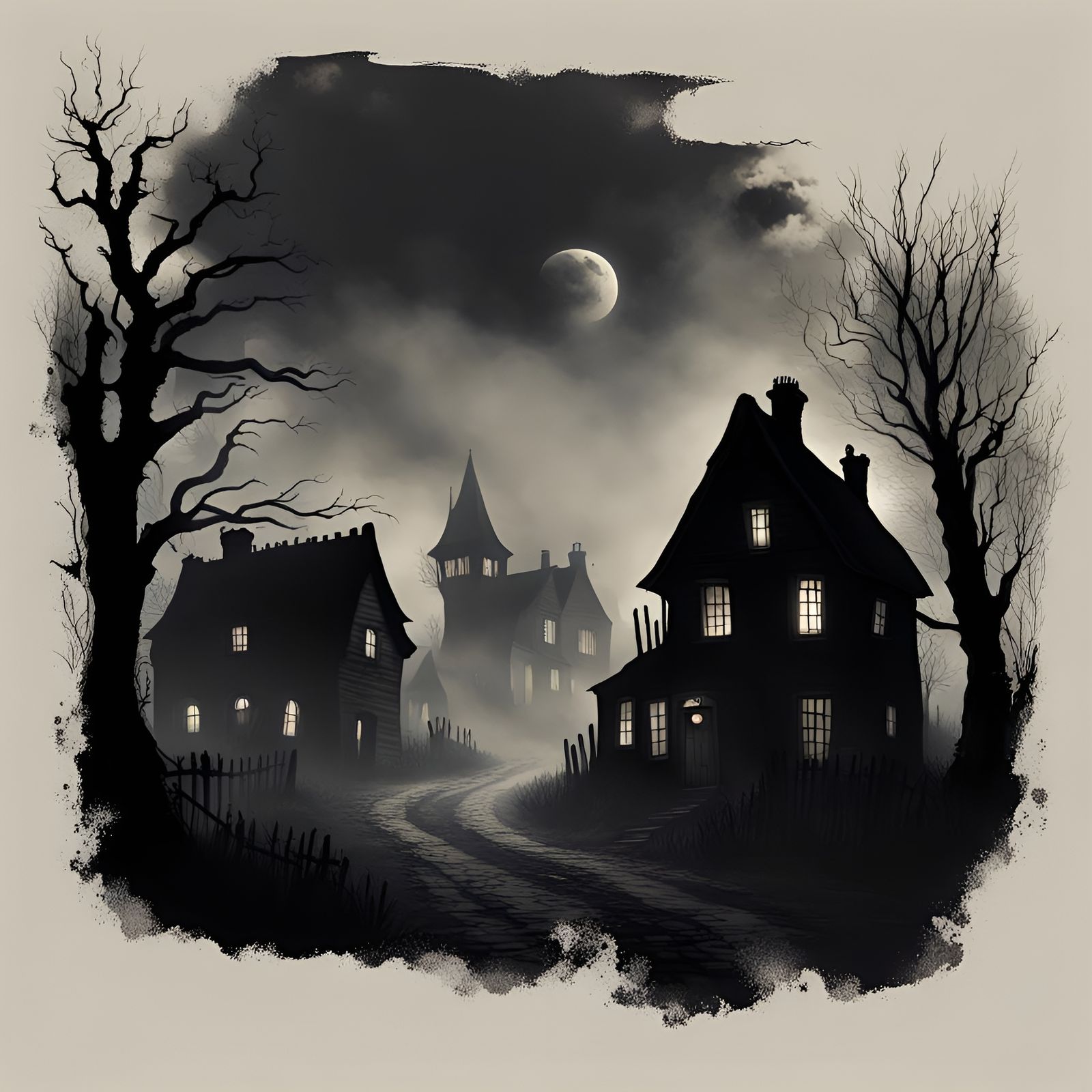 Haunted Village with Spectral Apparitions, Detailed Matte Pa...