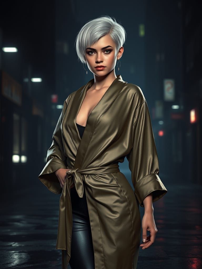 Sleek Cyberpunk Heroine in Satin Robe and Leather Leggings