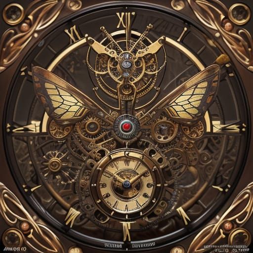 Steampunk robot butterfly flits clock.