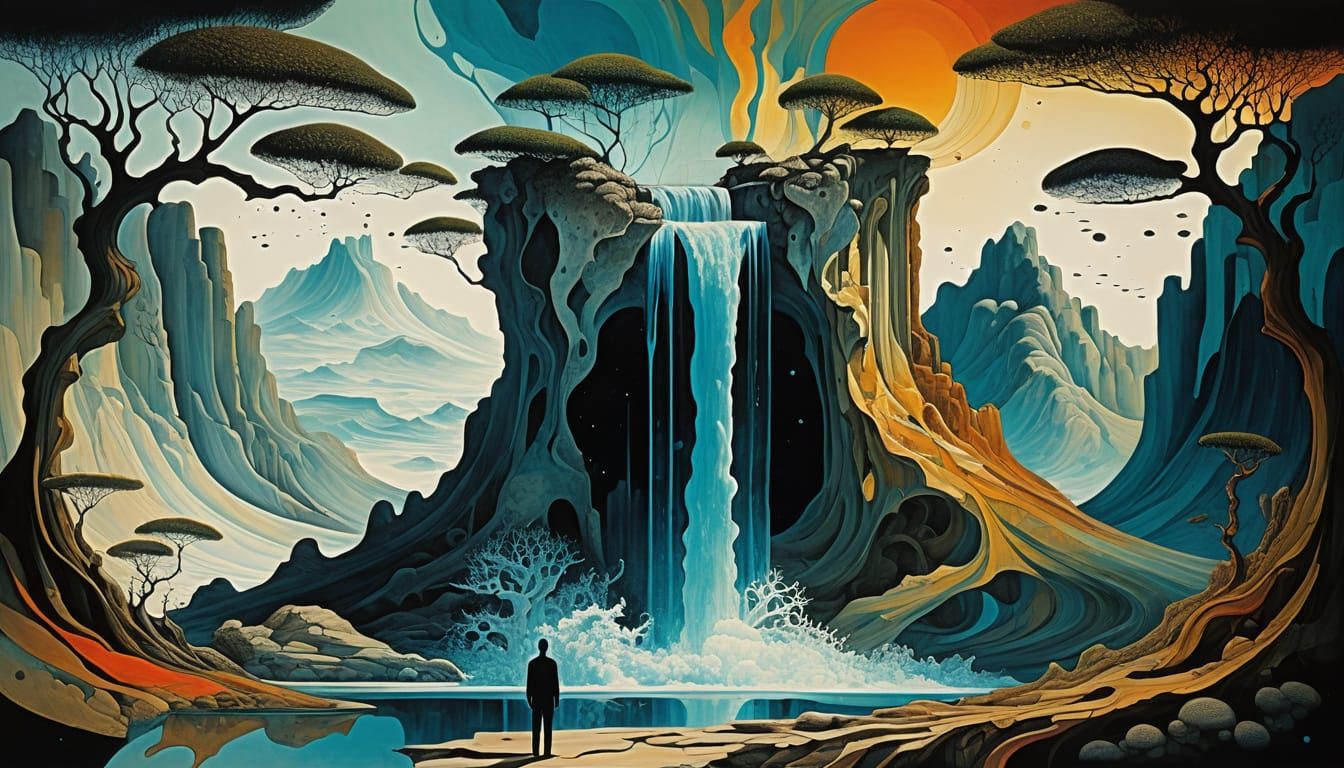 Surreal Galaxy Waterfall Merging with Earthly Realm