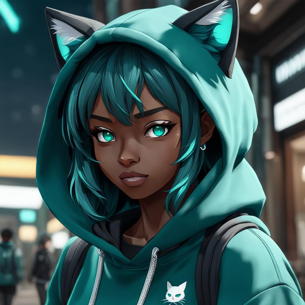 Black Nekomata Girl in Hoodie: 3D Anime Art