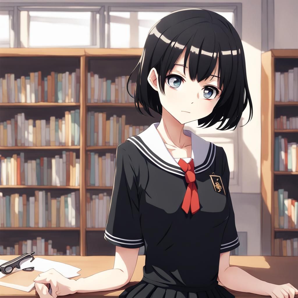 Anime Style Schoolgirl in Black Uniform