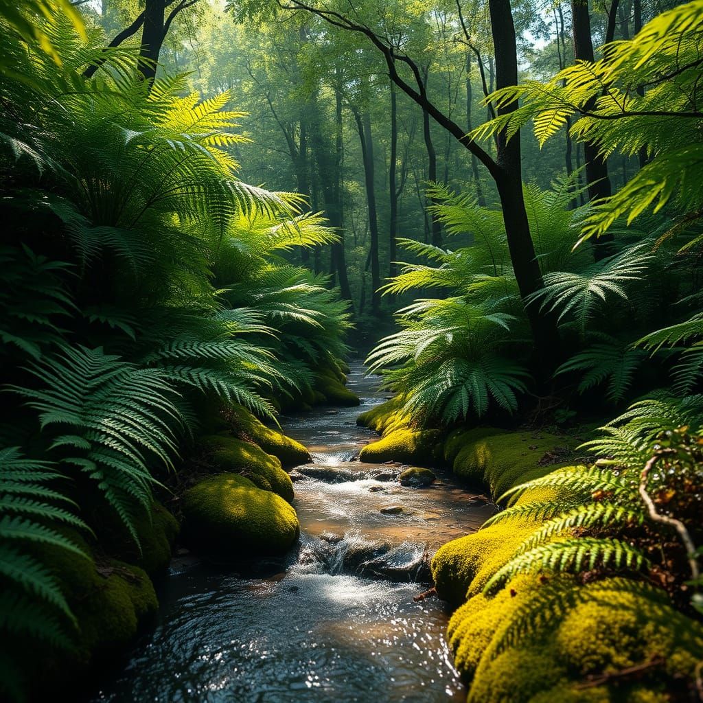 Hyperrealistic Forest Brook with Dew-Kissed Ferns