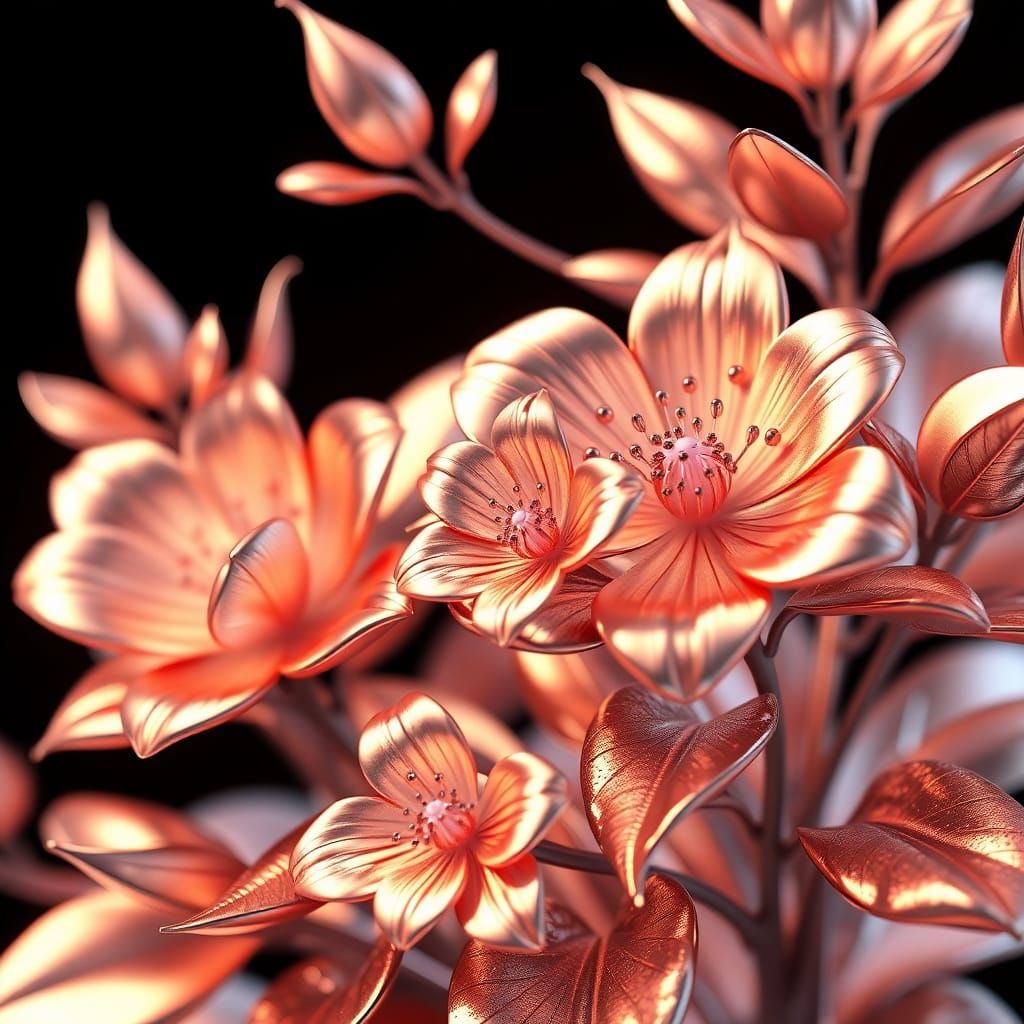 Surrealistic Metallic Blooms in 3D Anime Art